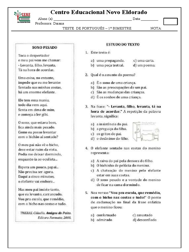 Teste de Português 1° Bimestre | PDF | Sílaba | Cognição