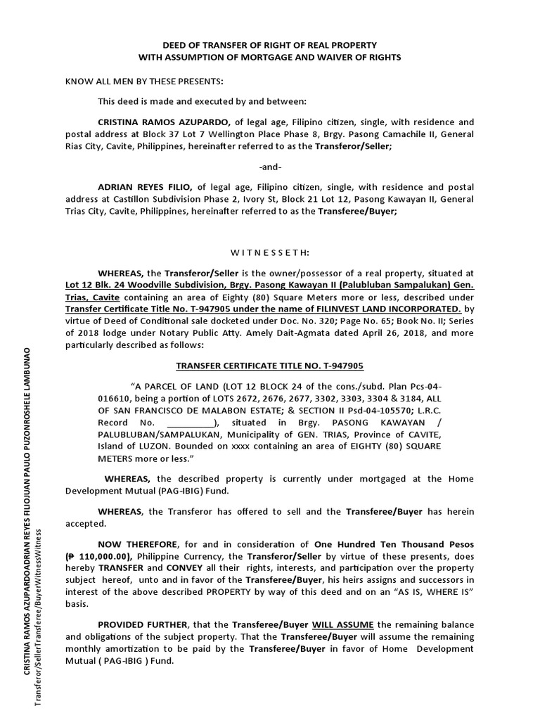 CASTILLON Deed of Transfer of Rights PAGIBIG - AZUPARDO-FILIO | PDF ...