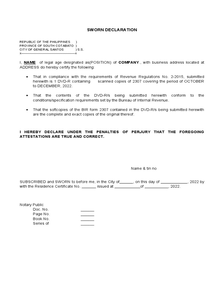 Sworn Declaration for BIR Form 2307 | PDF | Finance & Money Management