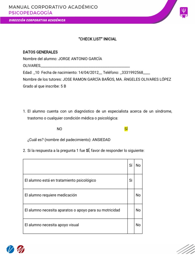 Anexo 12. Check List Inicial | PDF | Relaciones personales, crianza y ...