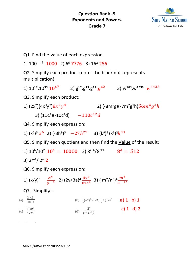Grade 7 Exponents and Powers Quiz | PDF