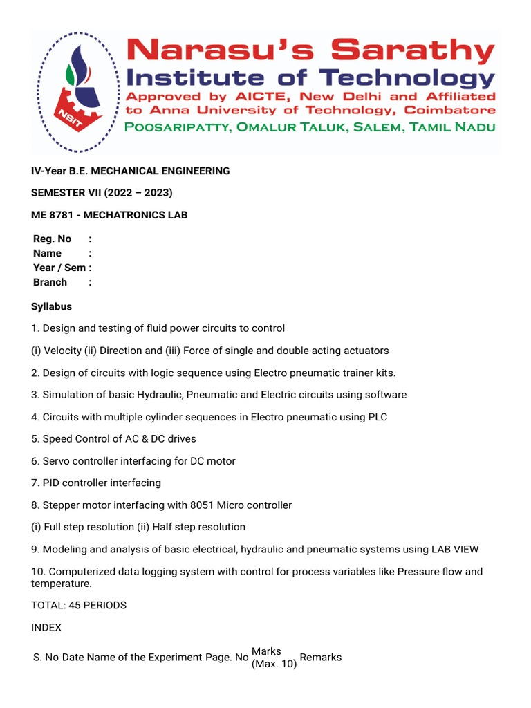 Mechatronics Lab Manual PDF Programmable Logic Controller