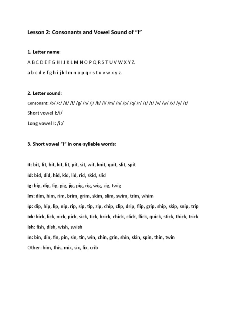 Lesson 2 Consonants and Vowel Sound of I | PDF | Language Arts ...