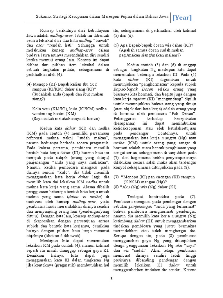 Strategi Kesopanan Dalam Merespon Pujian Dalam Bahasa Jawa | PDF | Seni ...