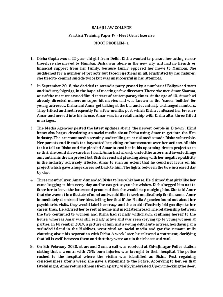 Moot Court Case: Disha Gupta vs. Amar Sharma | PDF | Justice | Crime ...