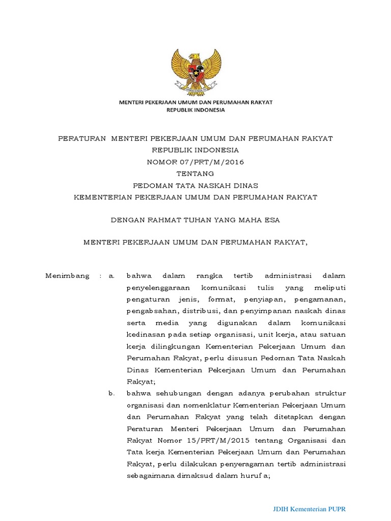 Permen PUPR - 2016 - 07 - Pedoman Tata Naskah Dinas Kementerian PUPR | PDF