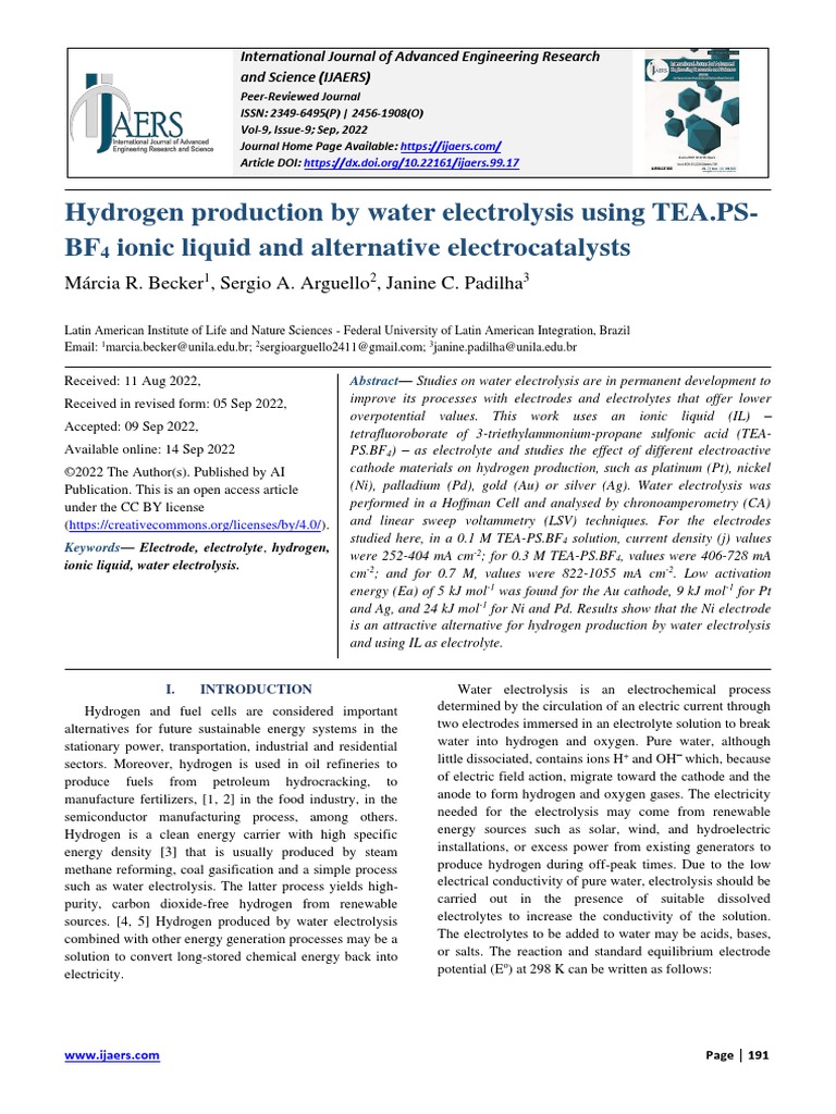 Hydrogen Production by Water Electrolysis Using TEA - PS-BF4 Ionic ...