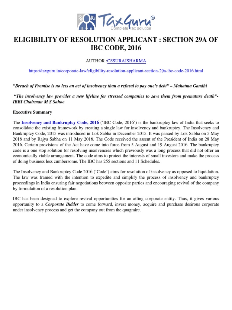 Eligibility of resolution applicant section 29a of ibc code 2016