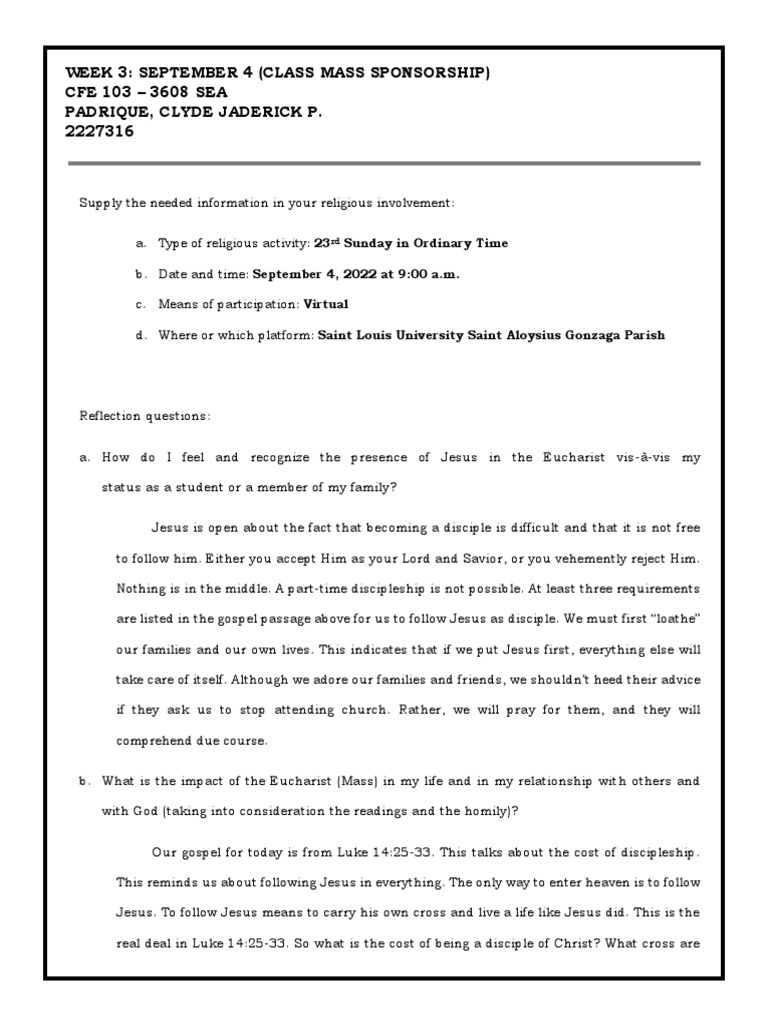 Reflection on Discipleship and Eucharist | PDF | Disciple (Christianity ...