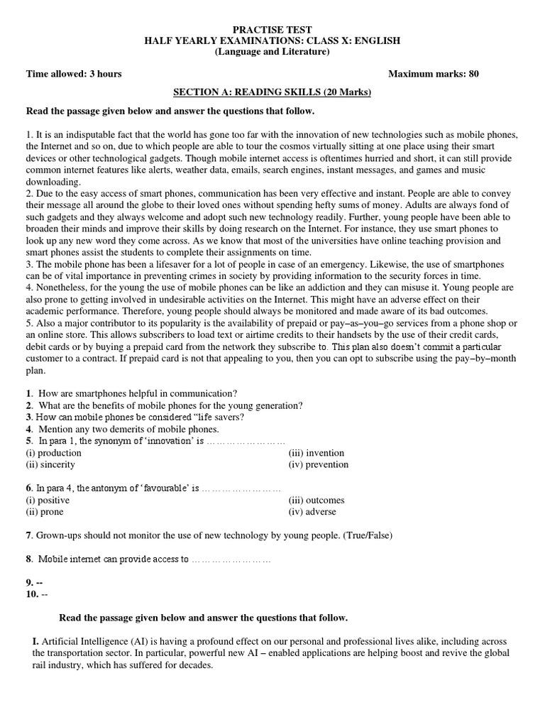 PRACTISE English Question Paper X PDF Artificial Intelligence