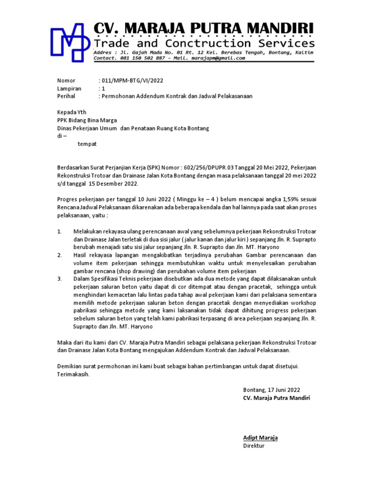 Surat Permohonan Adendum | PDF