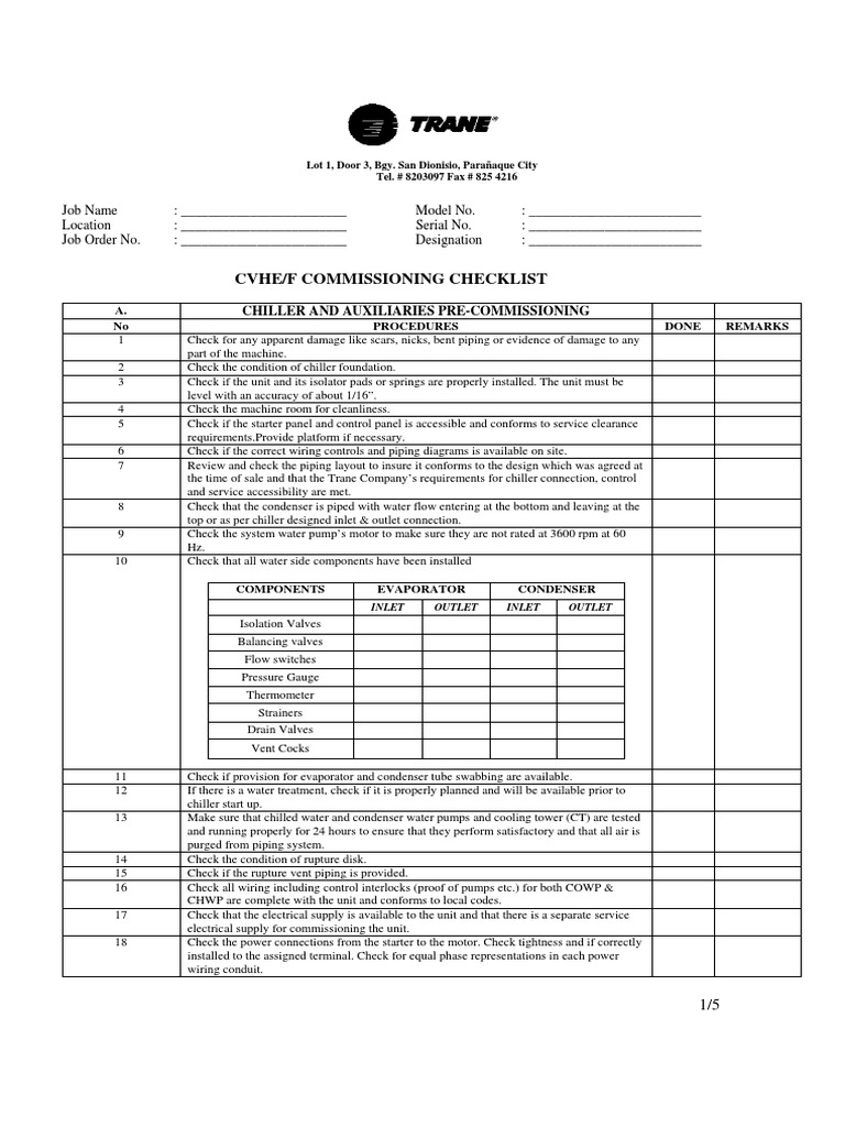 CVHE Chiller Commissioning Checklist | PDF | Equipment | Civil Engineering