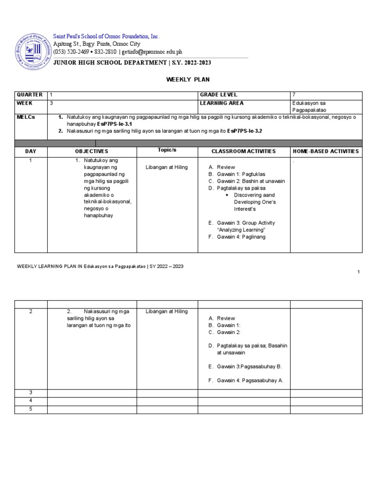 Weekly Learning Plan Esp G7 Week 3 Pdf
