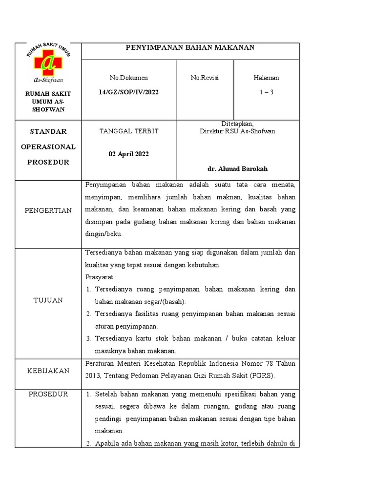 Prosedur Penyimpanan Bahan Makanan RSU As-Shofwan | PDF | Kesehatan