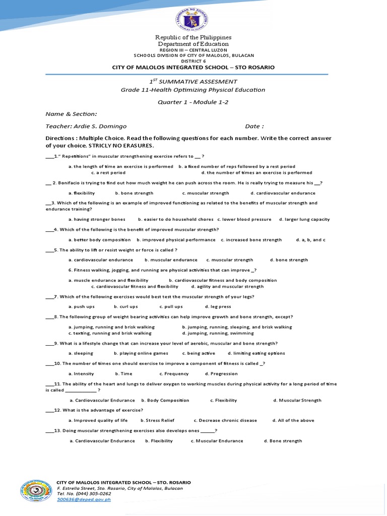 Grade 11 Health PE Summative Assessment | PDF | Strength Training ...