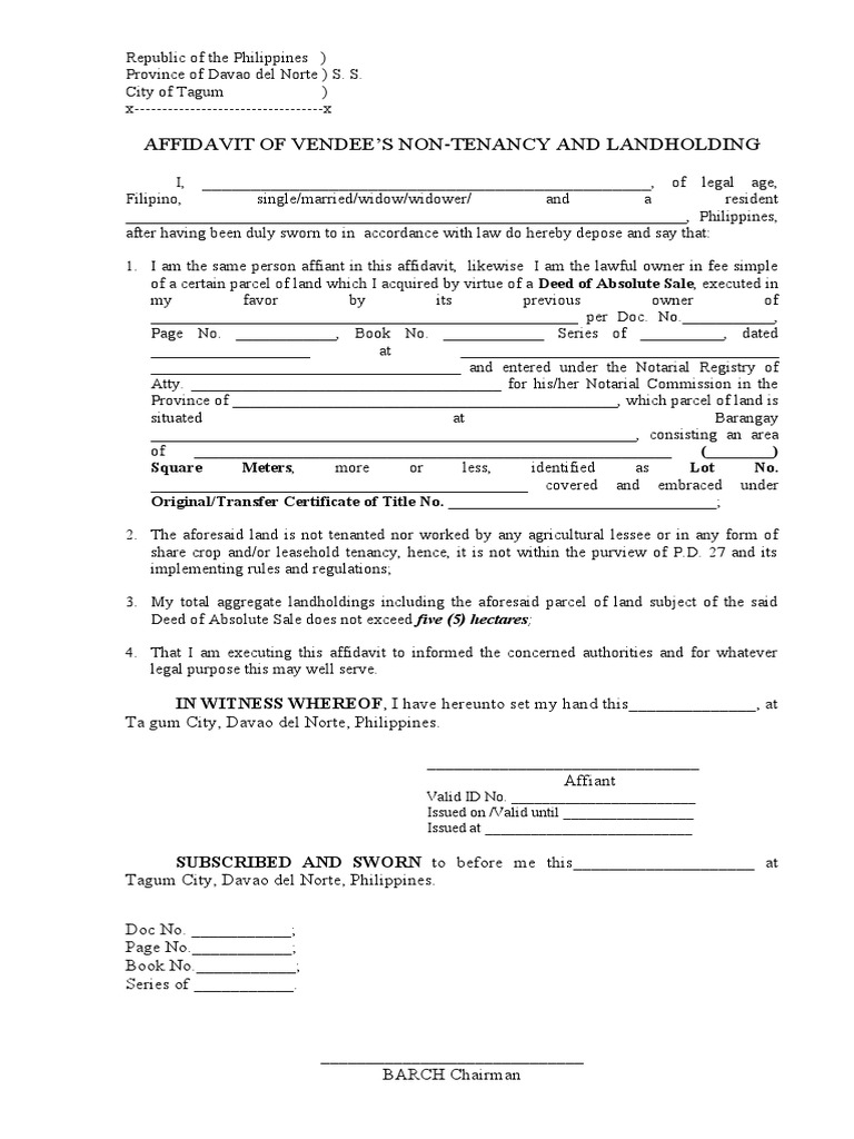Sample, Affidavit, Vendee's NonTenancy & Landholdings PDF