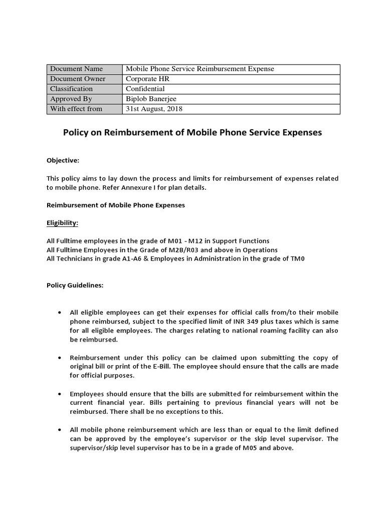 Mobile Phone Reimbursement Policy Aug 2018 PDF Government