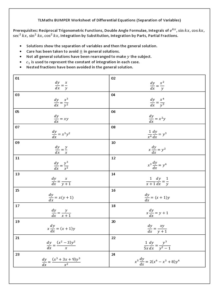 TLMathsBUMPERWorksheetofDifferentialEquations(Separationof