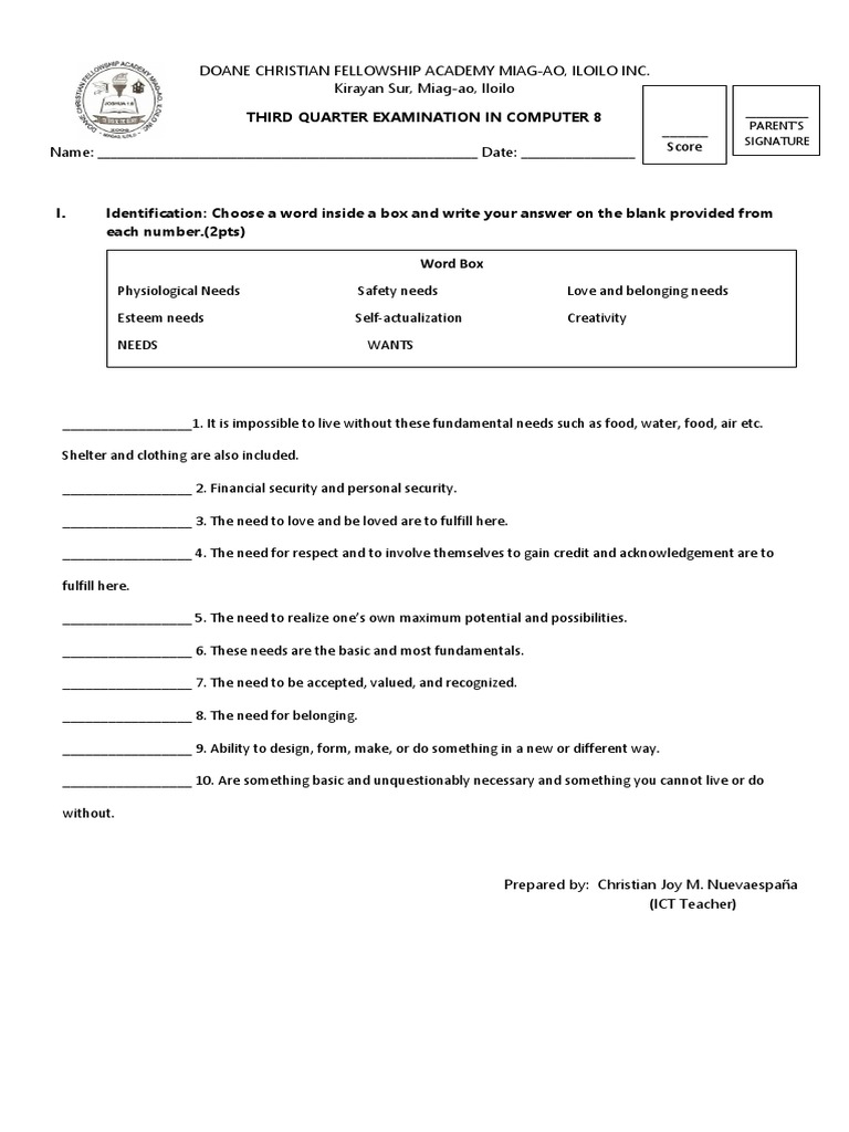 Doane Christian Fellowship Academy Quarterly Exam PDF