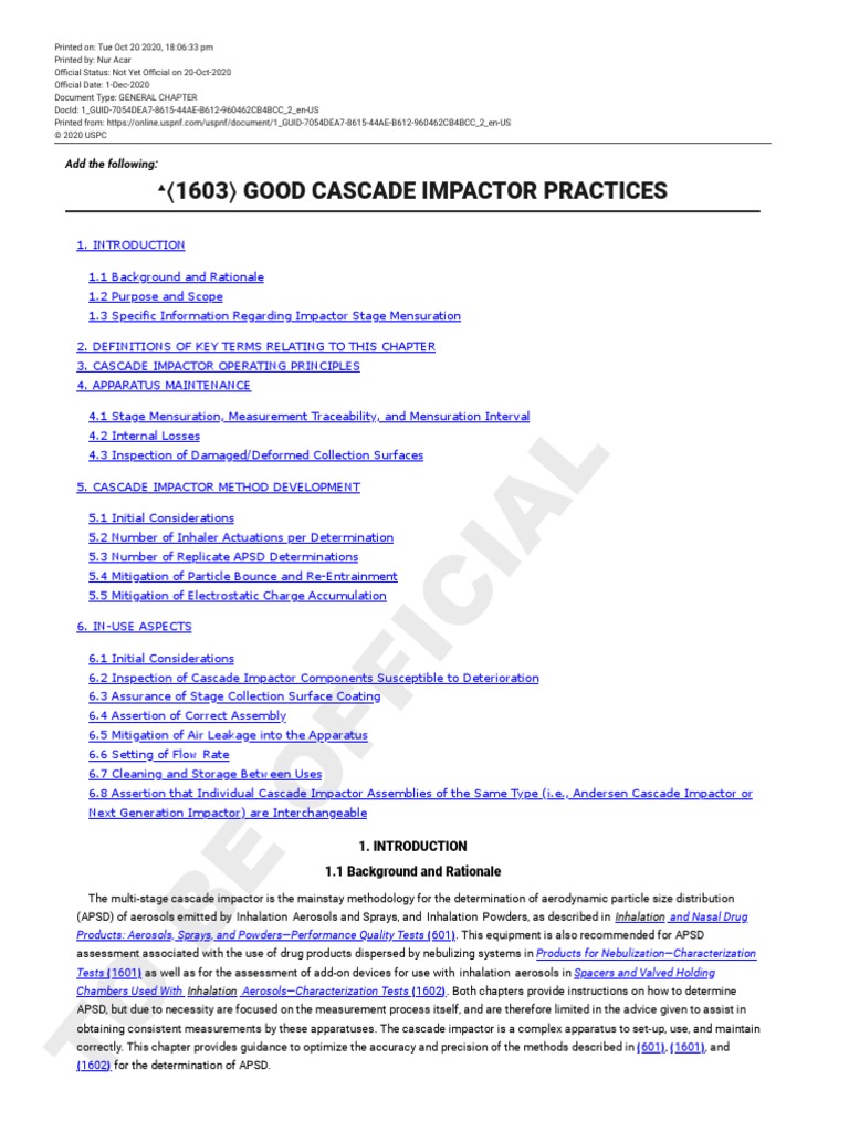 USP-NF 1603 Good Cascade Impactor Practices | PDF | Aerosol