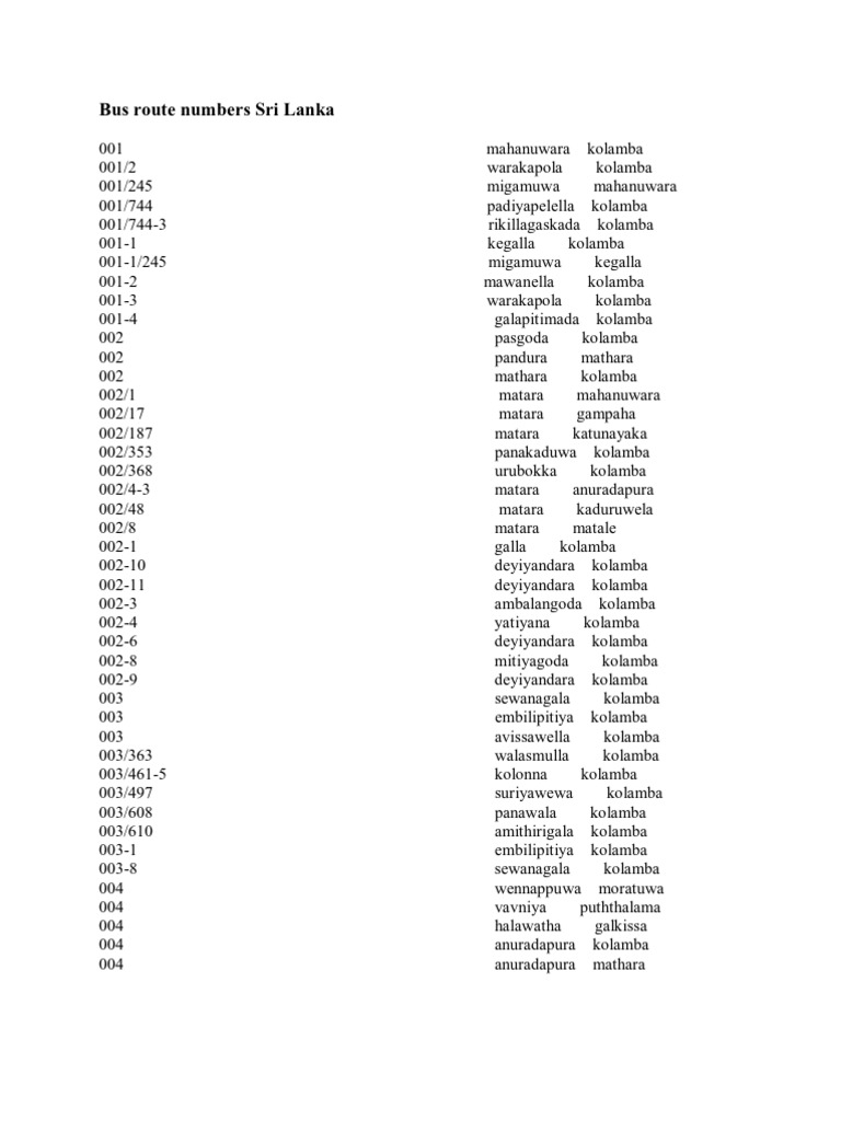 Bus Route Numbers Sri Lanka | PDF