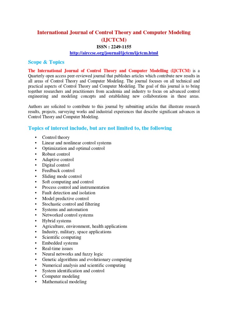 International Journal of Control Theory and Computer Modeling (IJCTCM