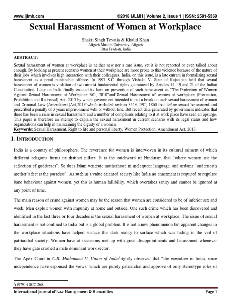 Sexual Harassment of Women at Workplace | PDF | Sexual Harassment ...