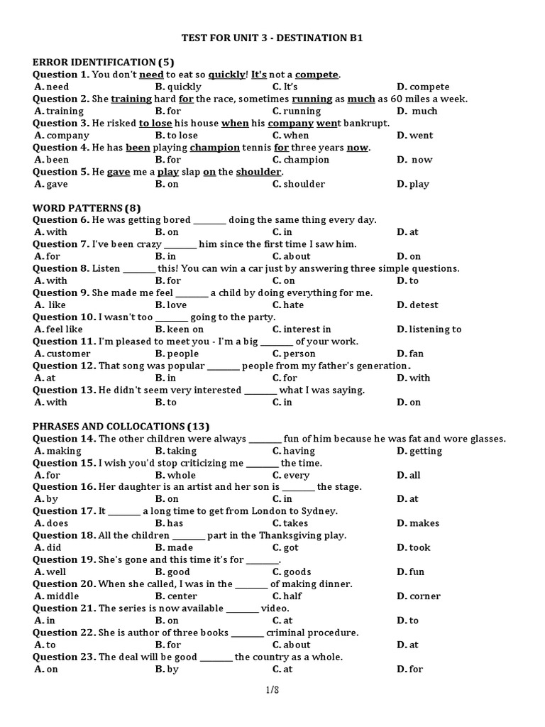 đáp án destination b1 progress test 2