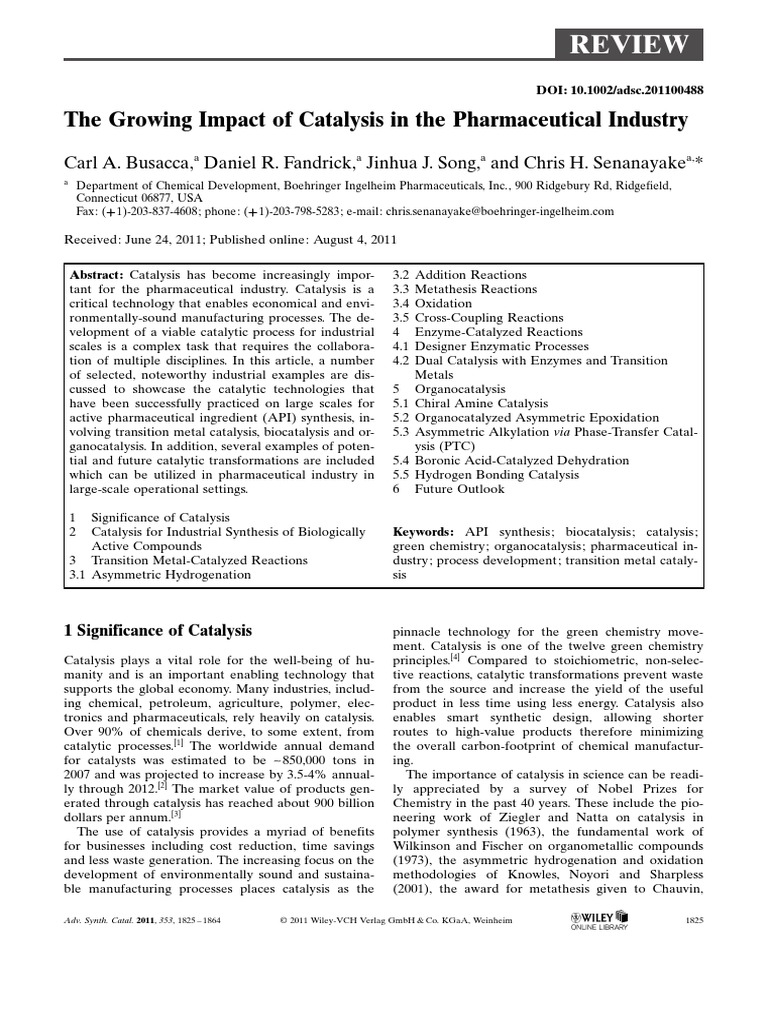Adv Synth Catal 2011 Busacca The Growing Impact of Catalysis in