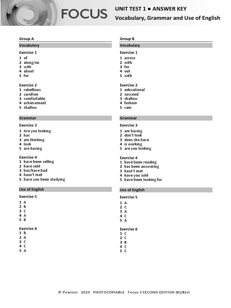 Focus3 2E Unit Test Vocabulary Grammar UoE Unit1 GroupA B ANSWERS | PDF ...