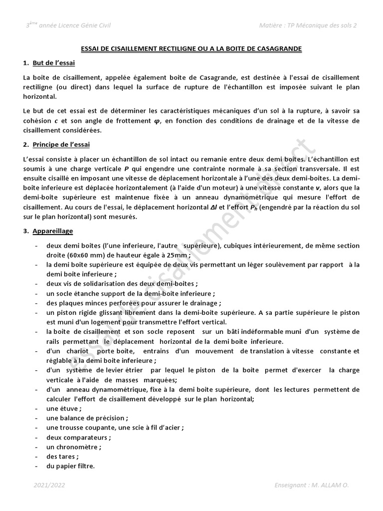 Essai De Cisaillement à La Boîte De Casagrande Pdf Contrainte De