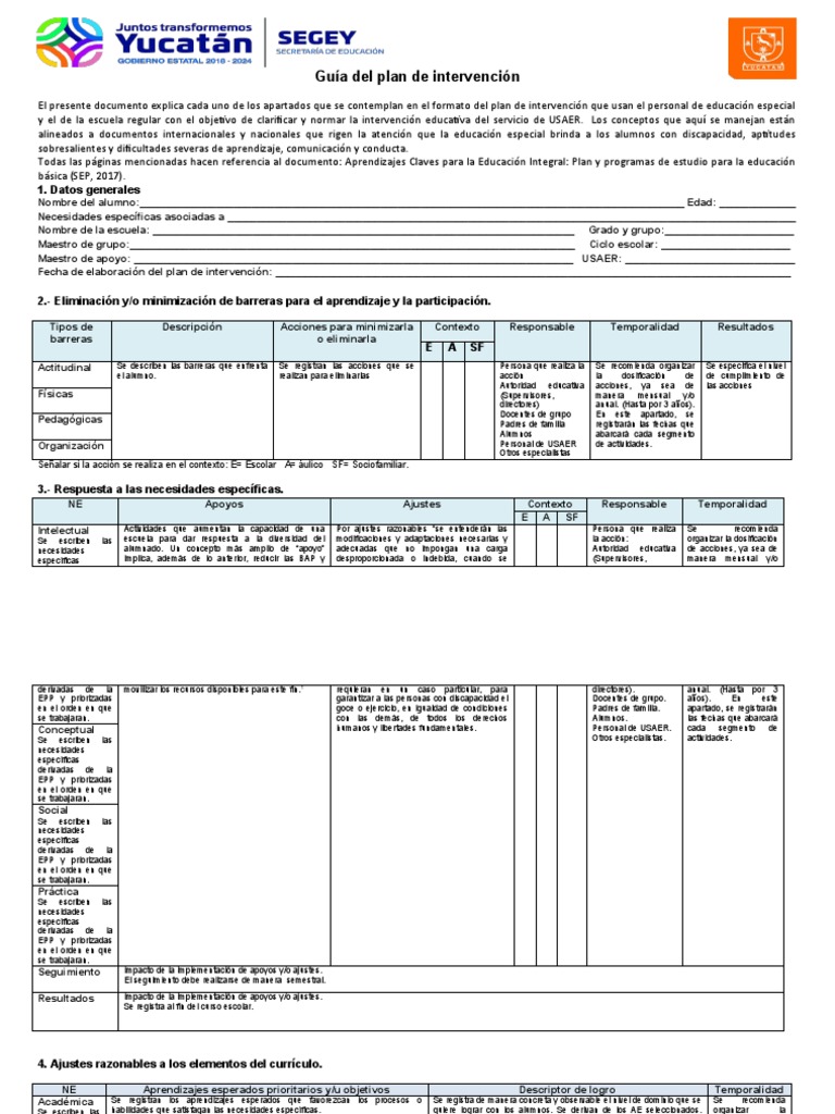 Guía para el Plan de Intervención USAER | PDF | Plan de estudios ...