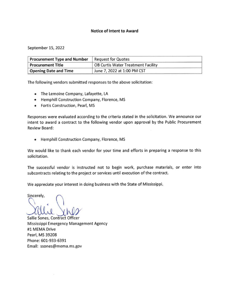 Notice of Intent To Award | PDF