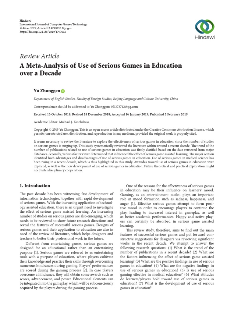 A Meta-Analysis of Use of Serious Games in Education Over A Decade ...