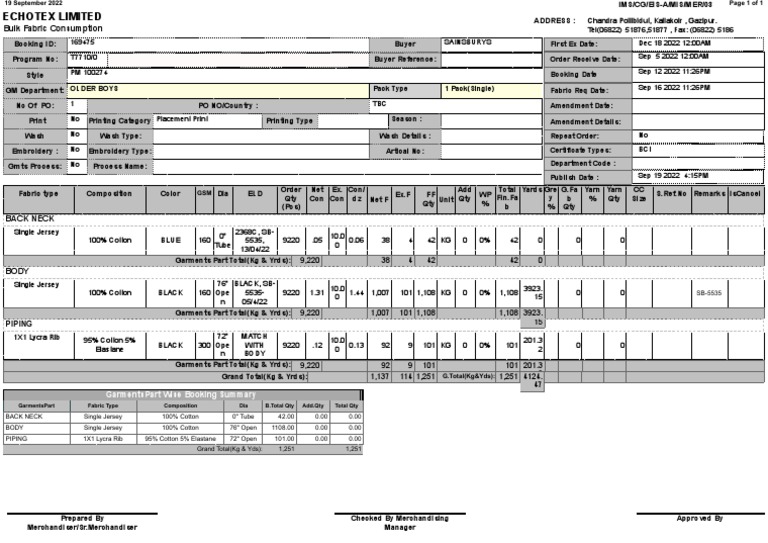 Bulk Fabric Consumption Garmentspart Wise Booking Summary PDF