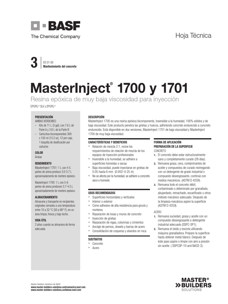 BASF MasterInject 1700 Ficha Técnica PDF Hormigón Acero