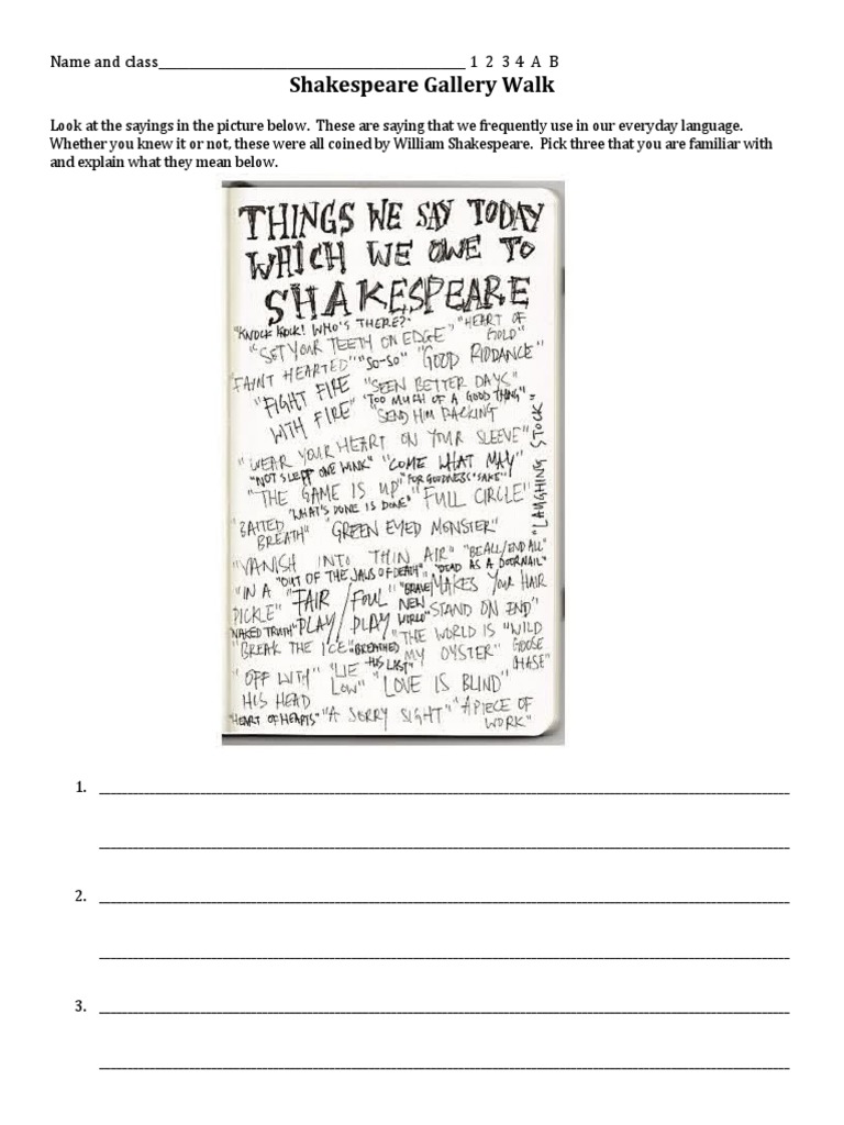 Shakespeare Gallery Walk Worksheet | PDF | William Shakespeare | Cognition