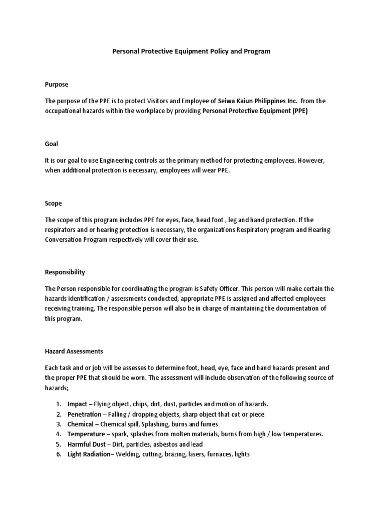 Personal Protective Equipment Policy and Program PDF Personal