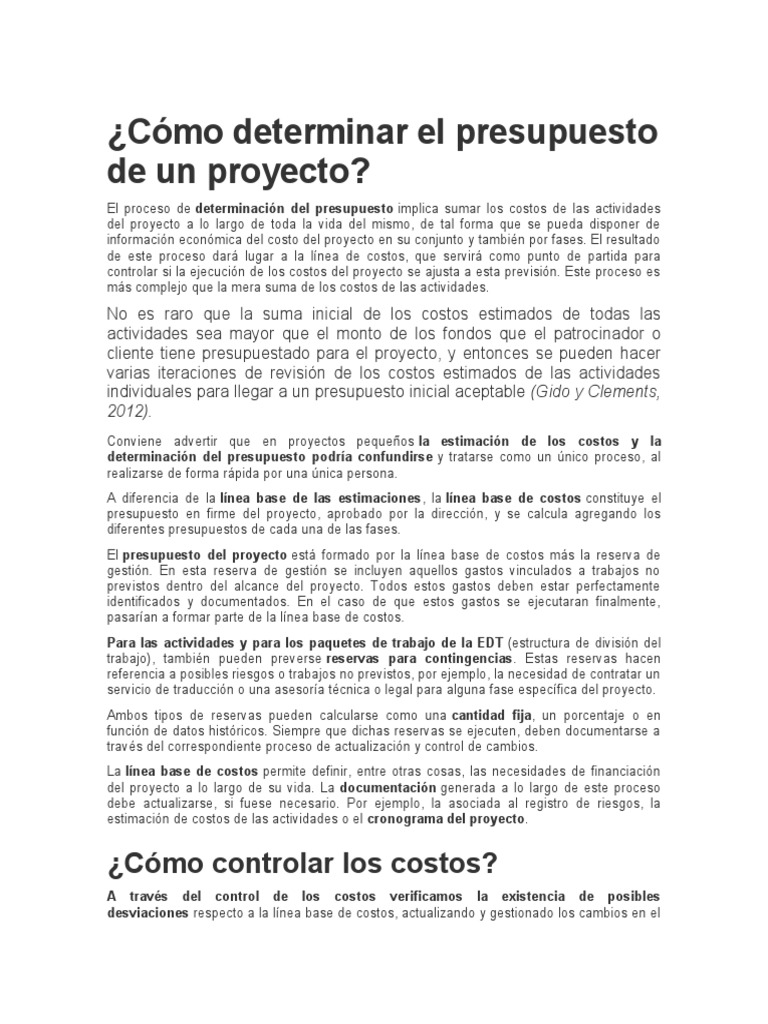 Cómo determinar el presupuesto de un proyecto | PDF | Presupuesto ...