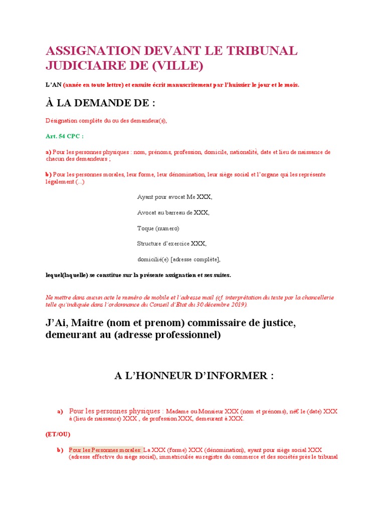 Modèle d'Assignation Tribunal Judiciaire | PDF | Médiation | Avocat