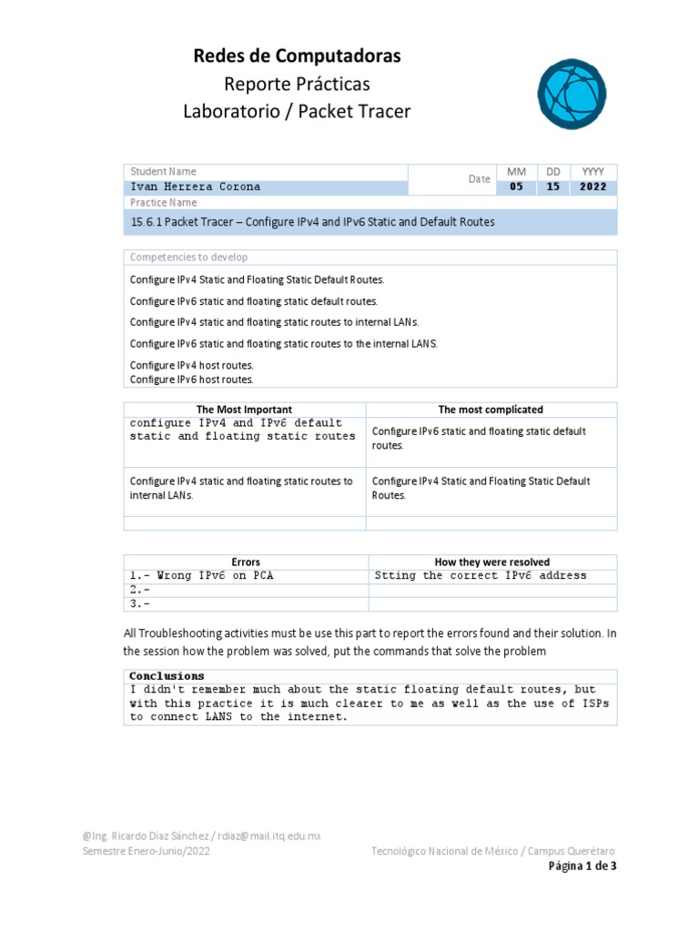 Configure IPv4 and IPv6 Routes Lab 15.6.1 | PDF | I Pv6 | Ip Address