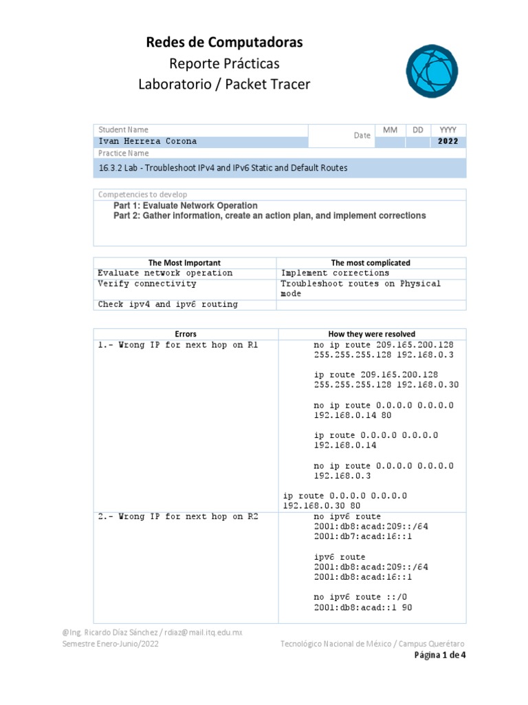 16.3.2 LAB Troubleshoot Ipv4 and Ipv6 Static and Default Routes Herrera -  Corona - Ivan | PDF | I Pv6 | Internet Protocols