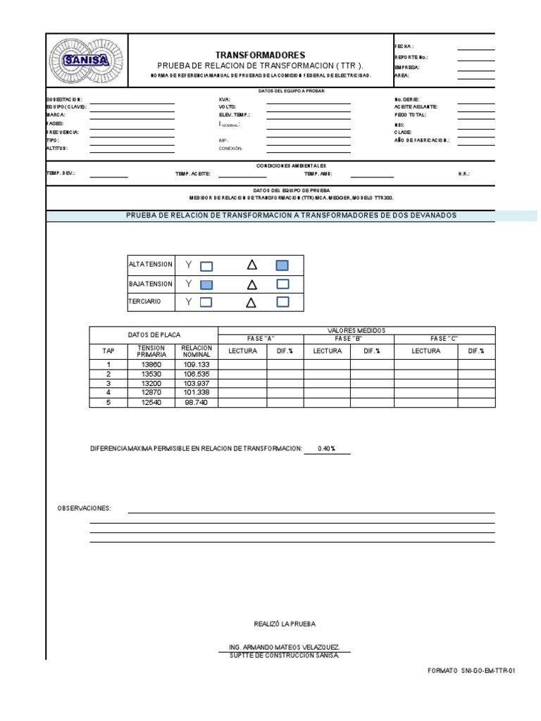 Reporte de Pruebas TTR A Transformadores | PDF | Transformador ...