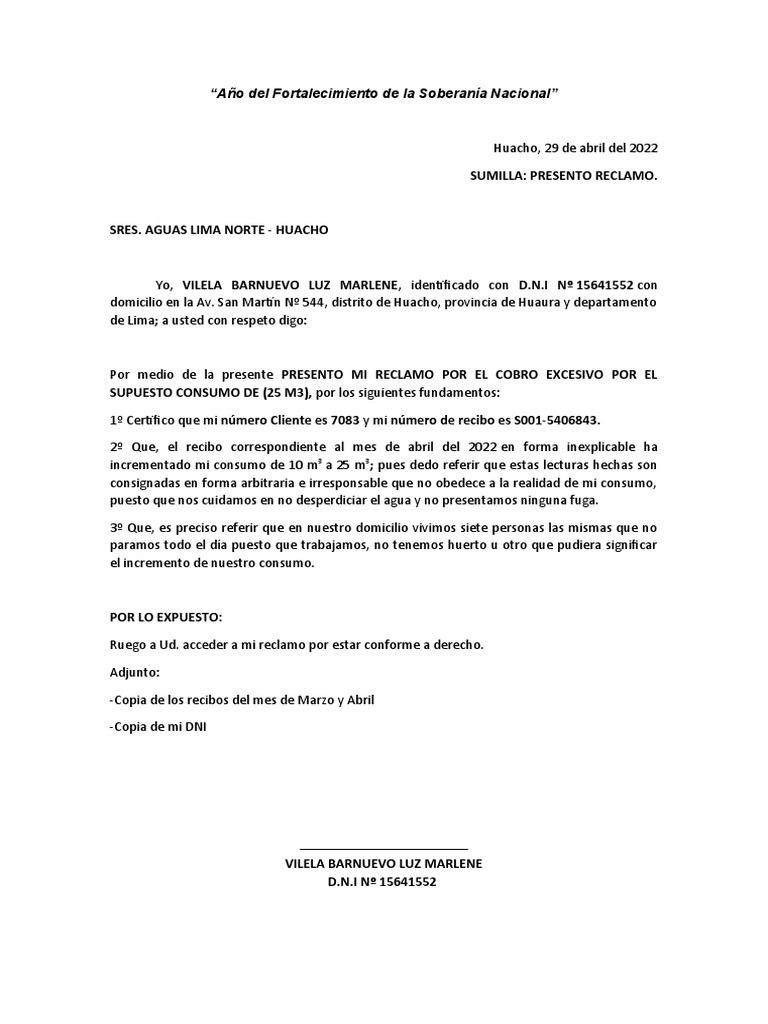 Reclamo por Cobro Excesivo de Agua | PDF