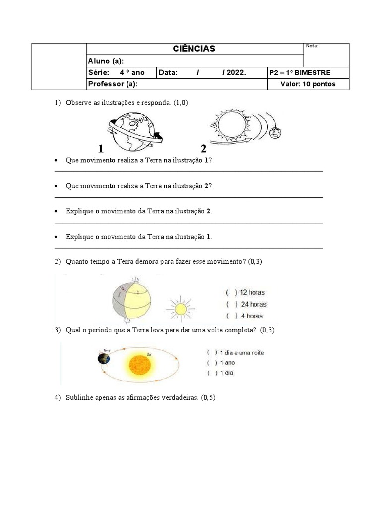 Prova de Ciências 4 Ano | PDF | Lua | Terra