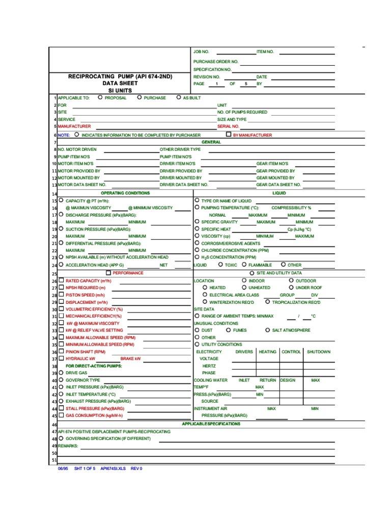 API 674 Reciprocating Pump Data Sheet | PDF | Pump | Valve