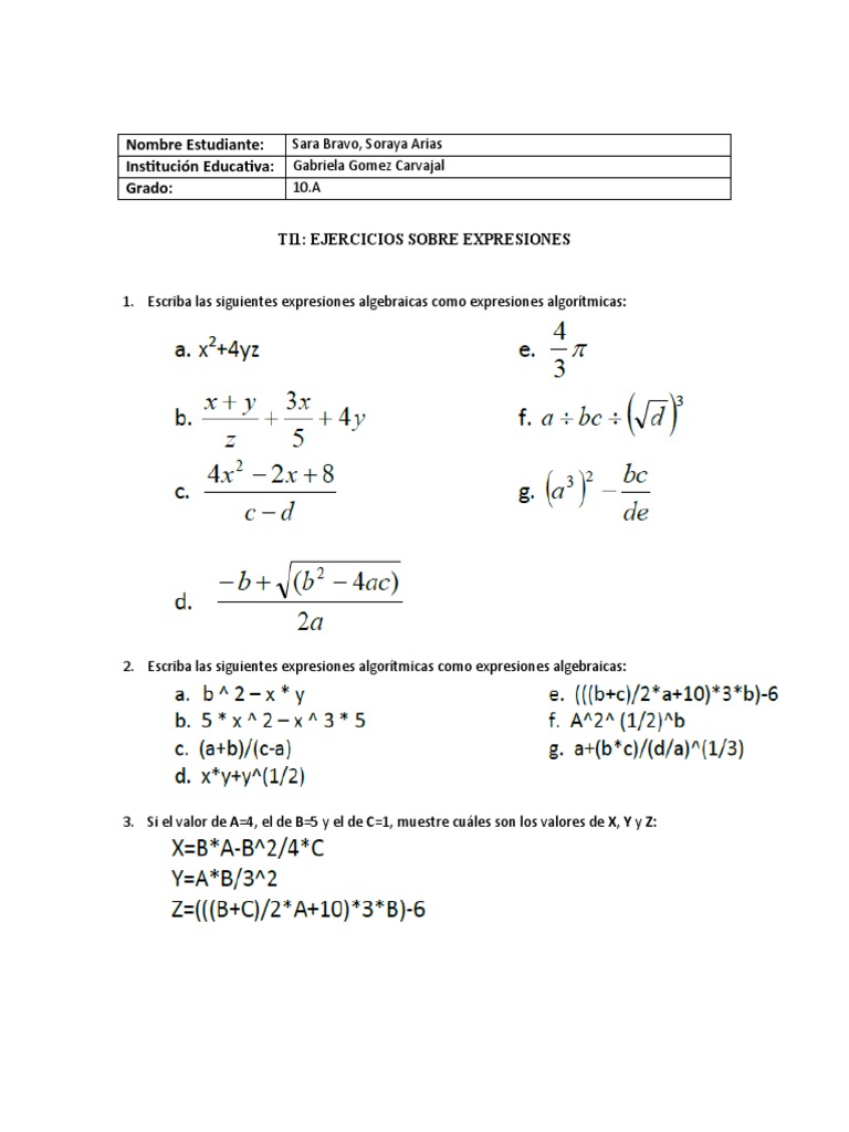 Ejercicios y Soluciones de Expresiones Algebraicas y Algorítmicas | PDF