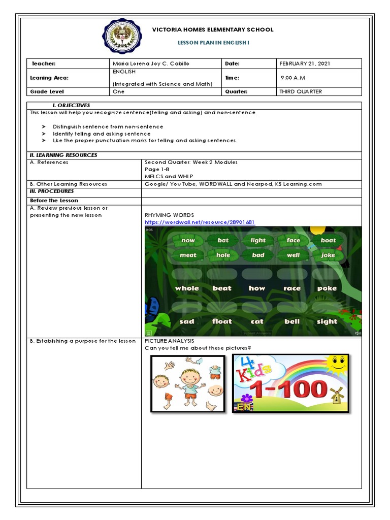 Grade 1 English Lesson Plan: Sentences | PDF | Teachers | Learning