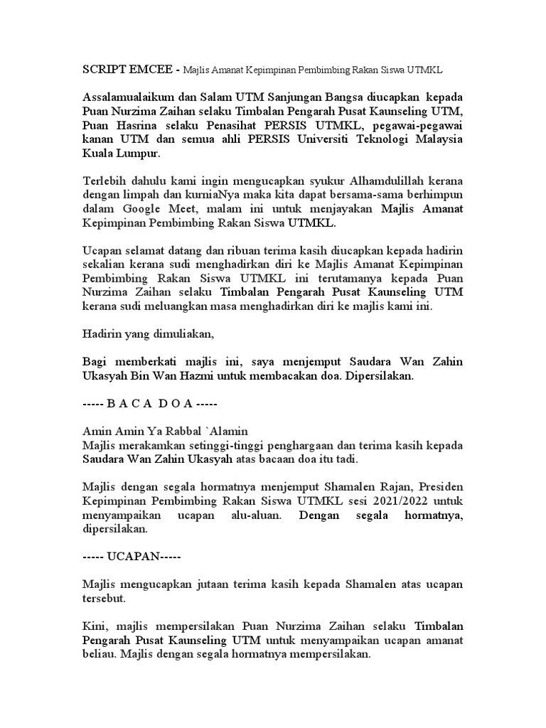 Script Emcee Majlis Amanat Kepimpinan Pembimbing Rakan Siswa Utmkl Pdf