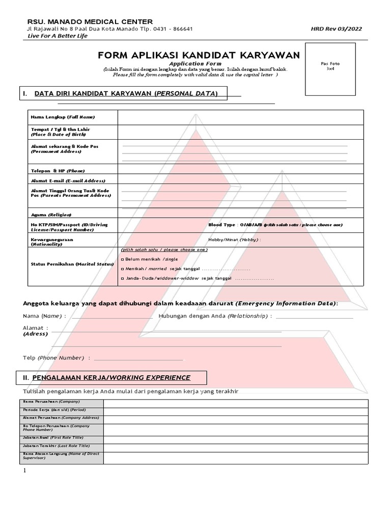 Form Aplikasi Karyawan Revisi Rsu MMC 2022 | PDF